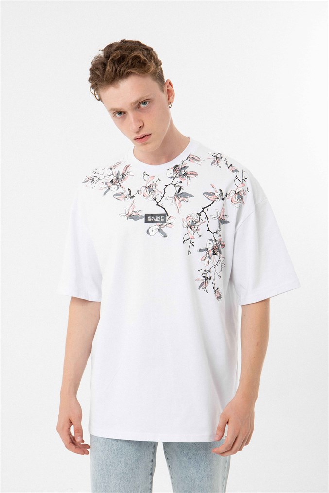 Oversize Flowers Beyaz Pamuklu T-Shirt