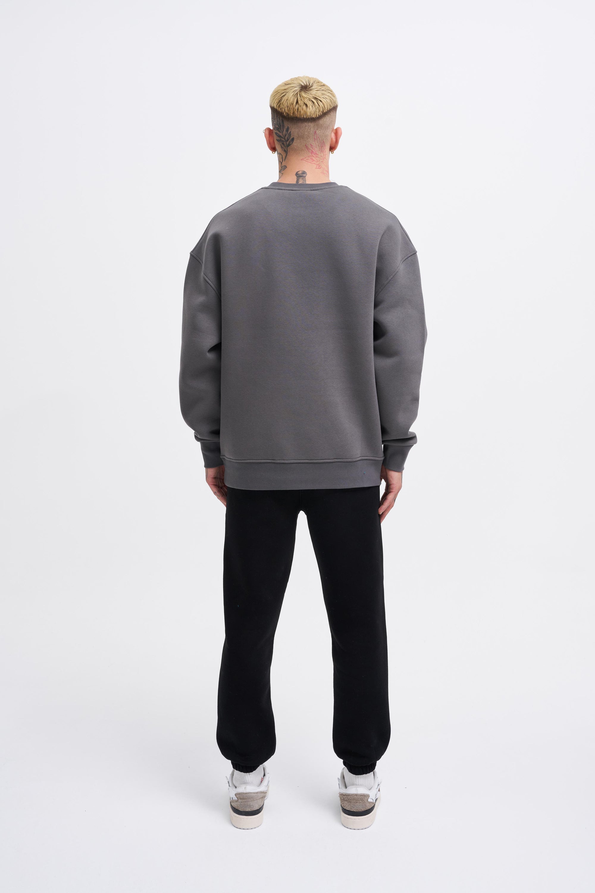 Erkek Basic Bisiklet Yaka Oversize Sweatshirt Duman