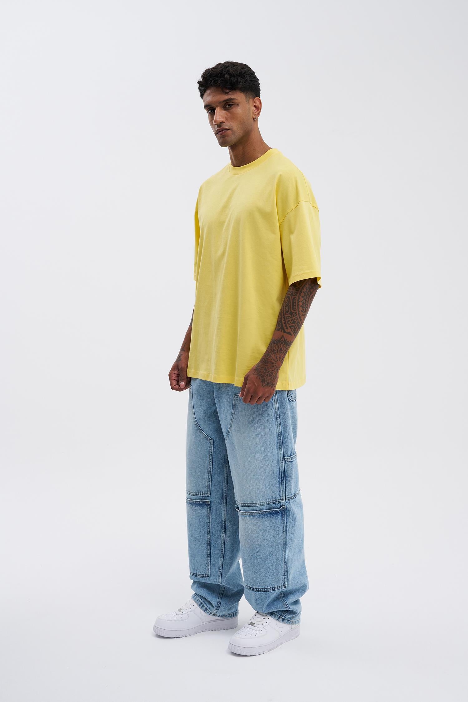 Erkek Basic Super Pamuklu Oversize Tişört Açık Sarı