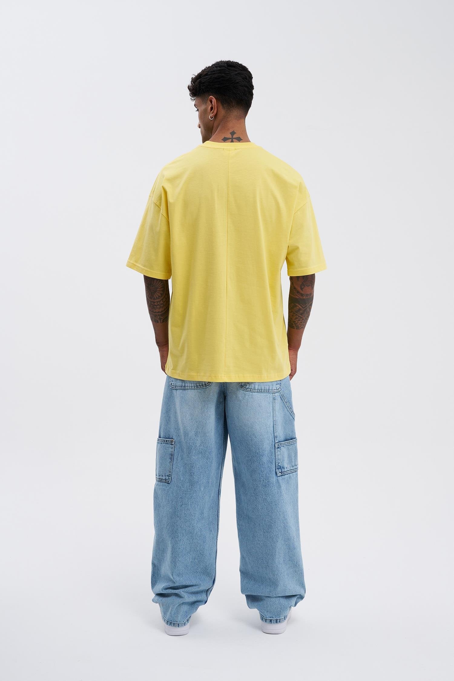 Erkek Basic Super Pamuklu Oversize Tişört Açık Sarı