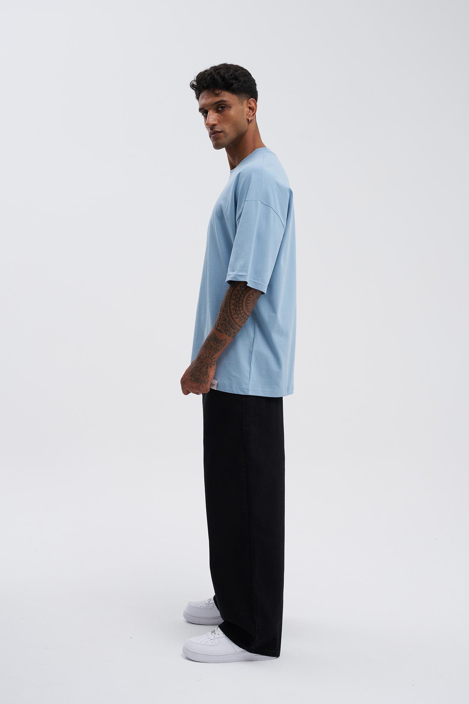 Erkek Basic Super Pamuklu Oversize Tişört Duman Mavi