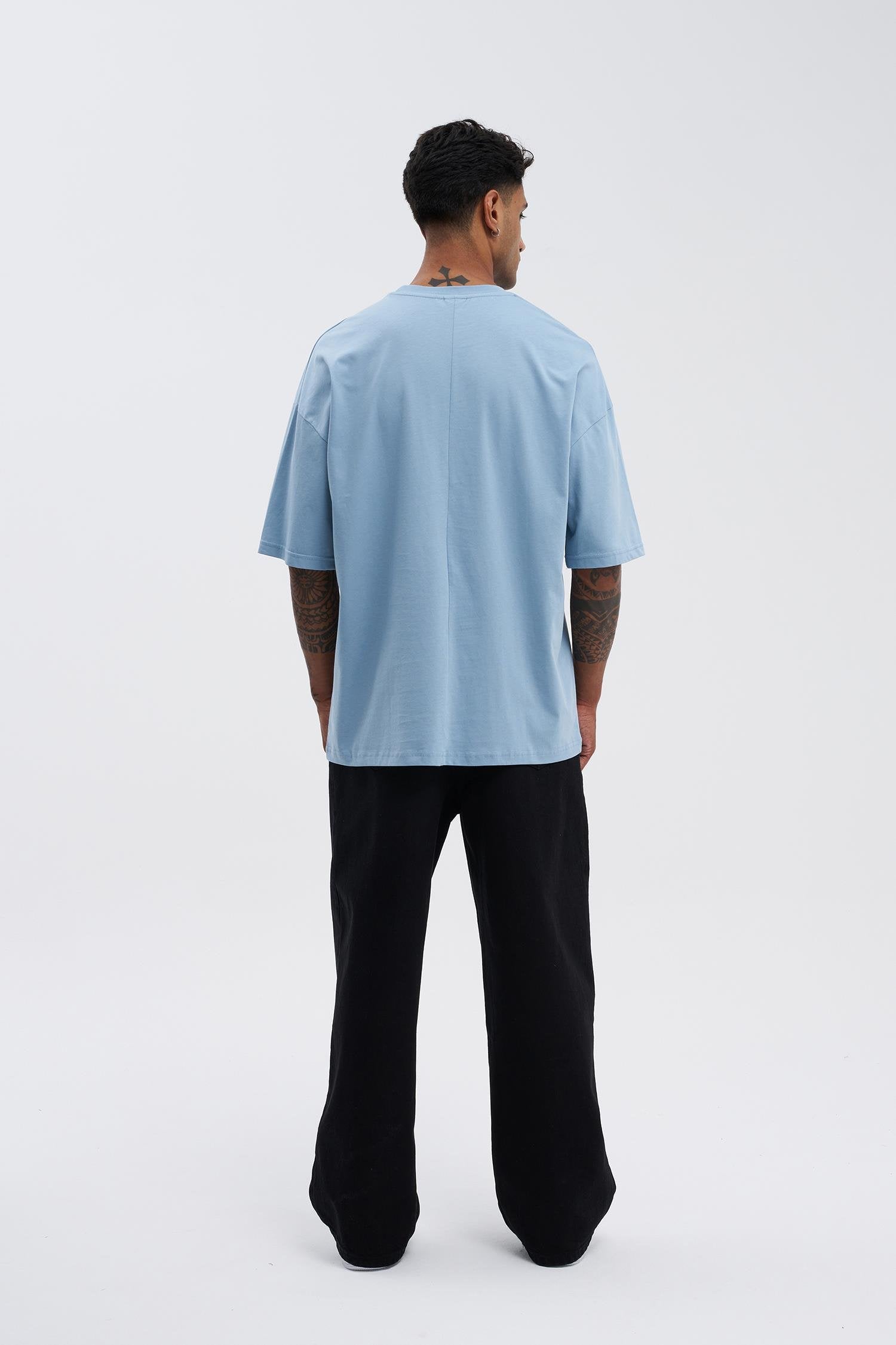 Erkek Basic Super Pamuklu Oversize Tişört Duman Mavi