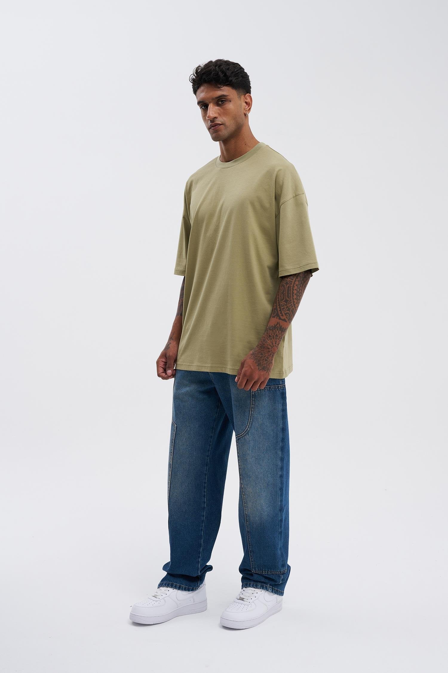 Erkek Basic Super Pamuklu Oversize Tişört Küf Yeşili