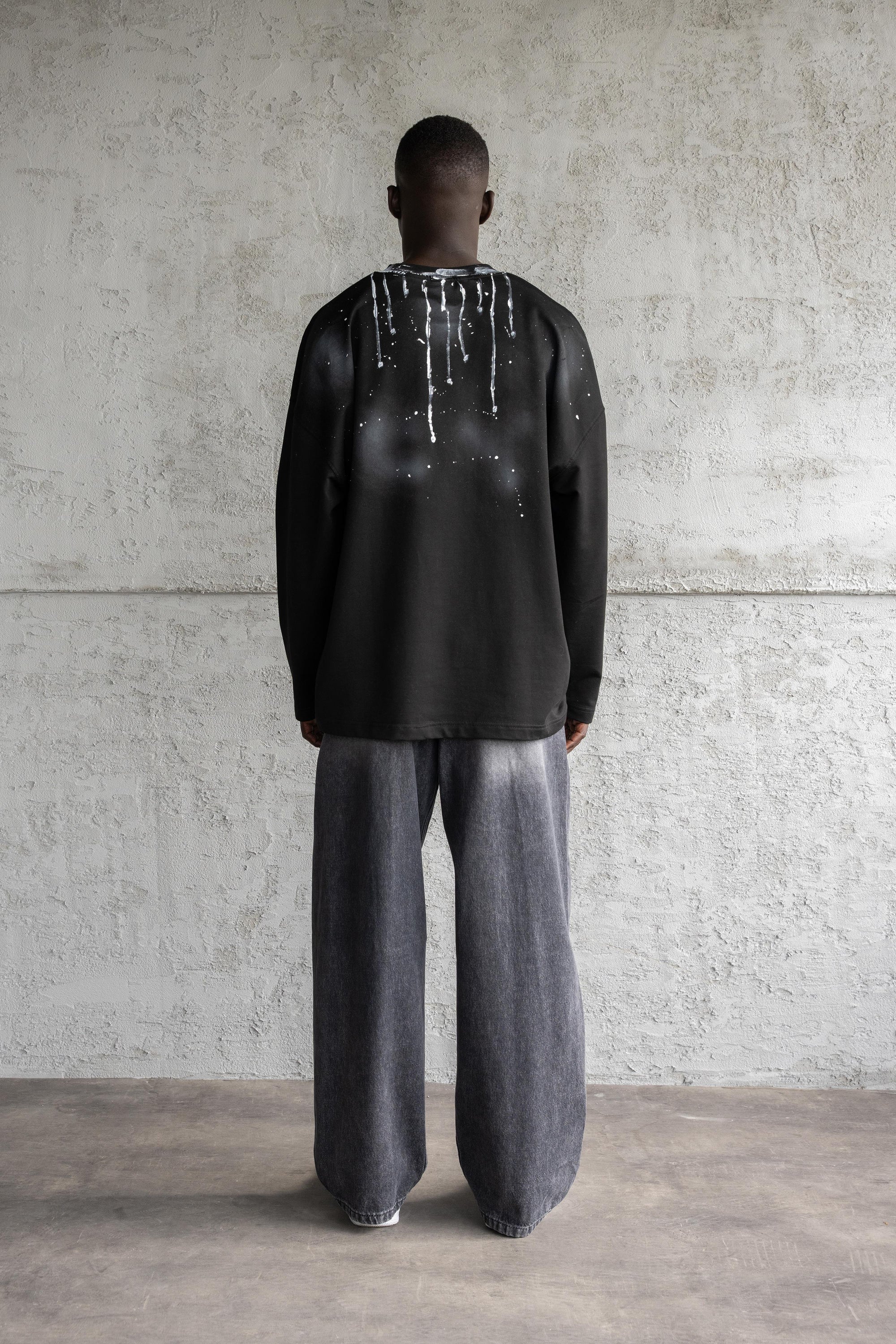 Erkek Hand Made Boya Baskılı Oversize Uzun Kollu Tişört Siyah