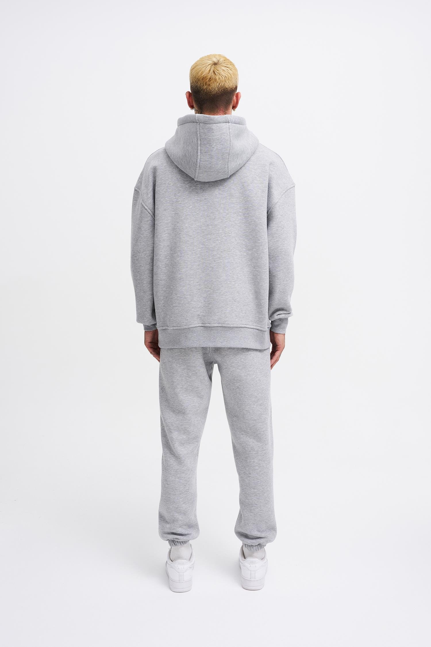 Erkek Oversize Basic Kapüşonlu Sweatshirt Gri Melanj