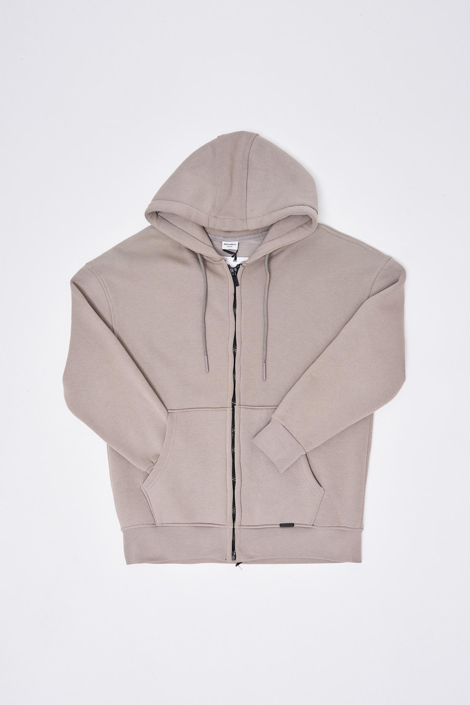 Erkek Oversize Fermuarlı Cepli Kapüşonlu Basic Sweatshirt Açık Gri