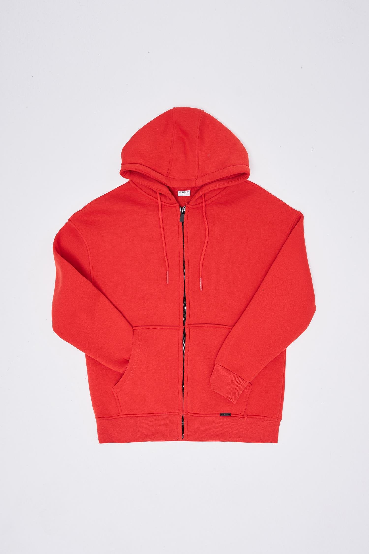 Erkek Oversize Fermuarlı Cepli Kapüşonlu Basic Sweatshirt Açık Kırmızı