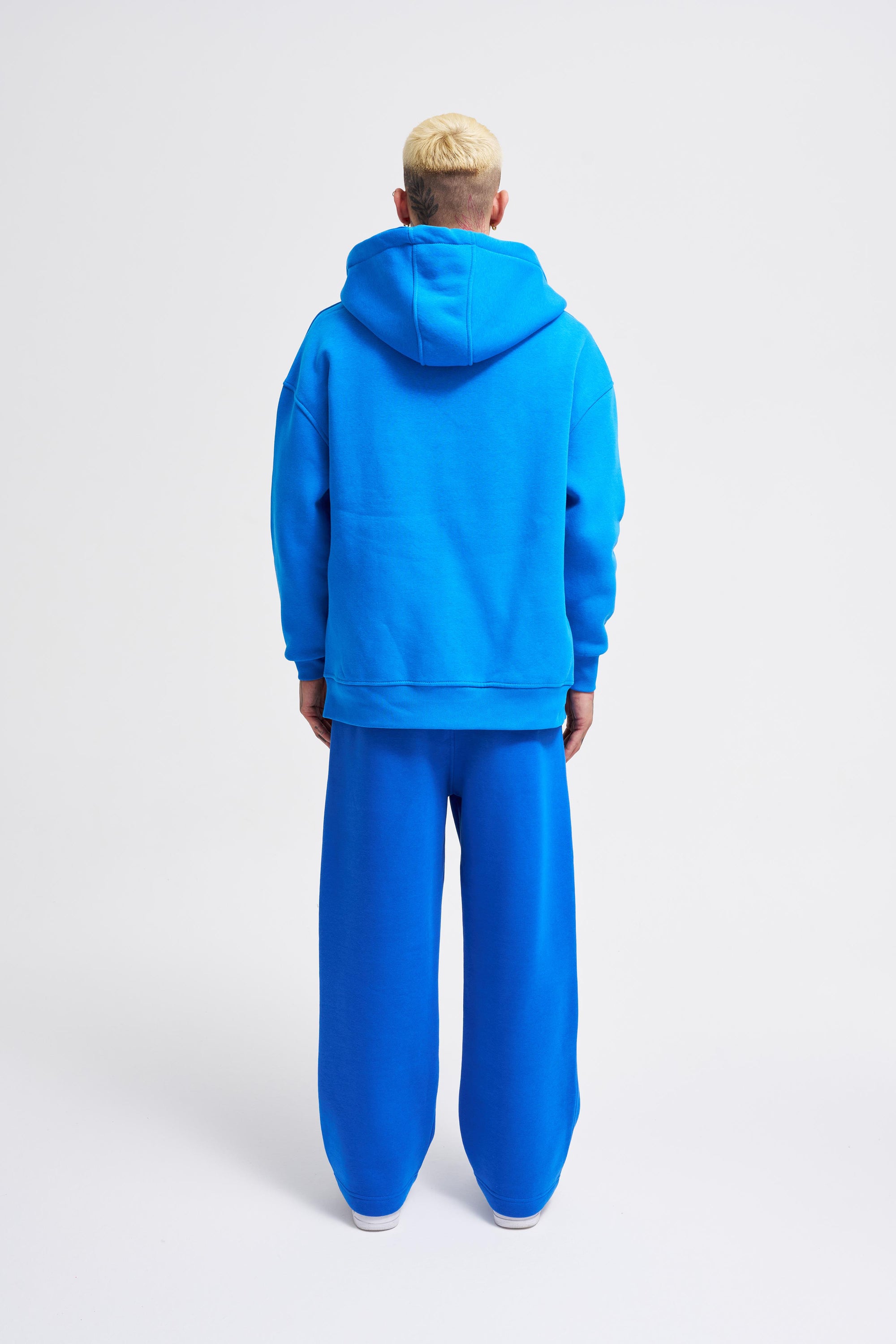 Erkek Oversize Fermuarlı Cepli Kapüşonlu Basic Sweatshirt Saks Mavi