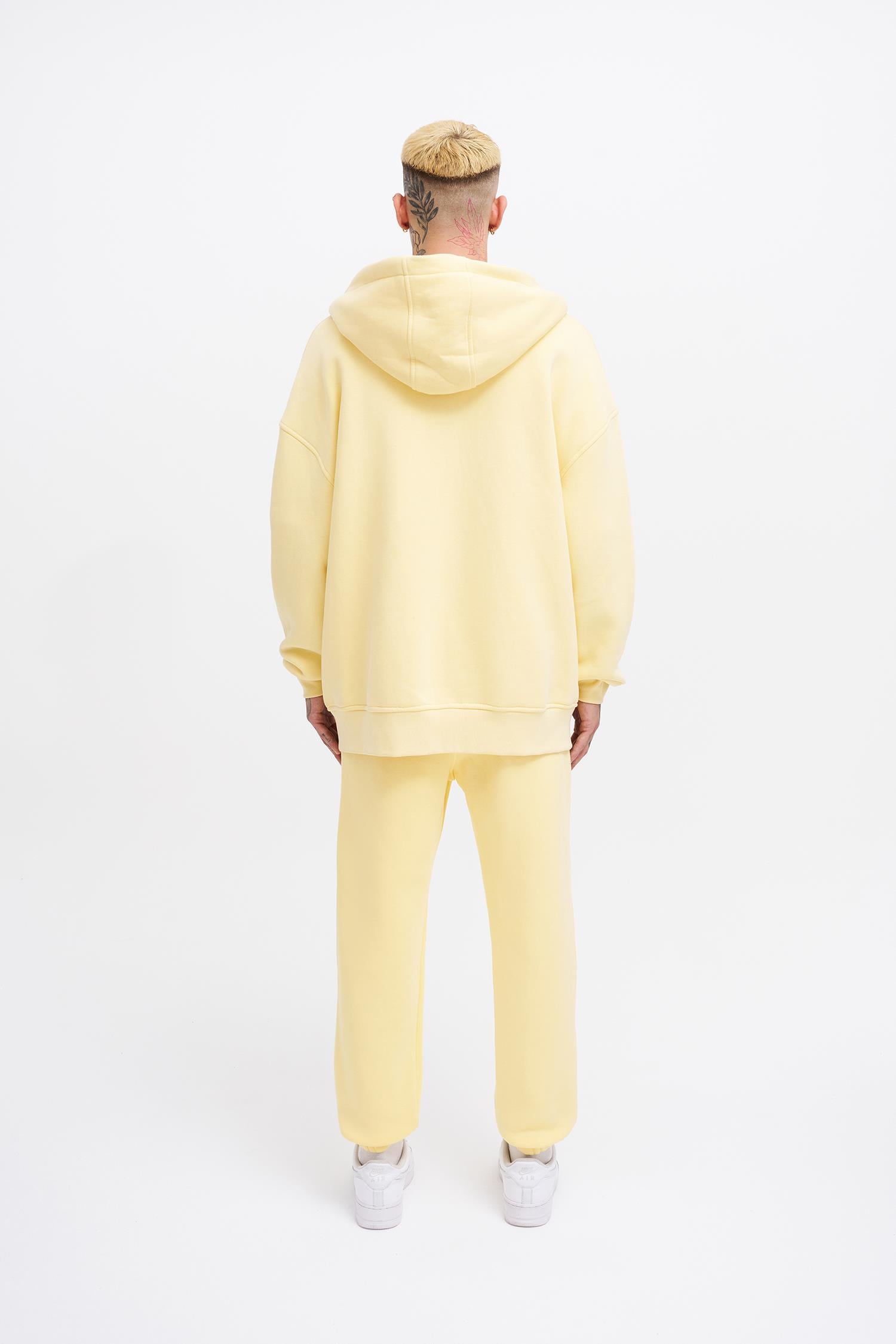 Erkek Oversize Fermuarlı Cepli Kapüşonlu Basic Sweatshirt Sarı