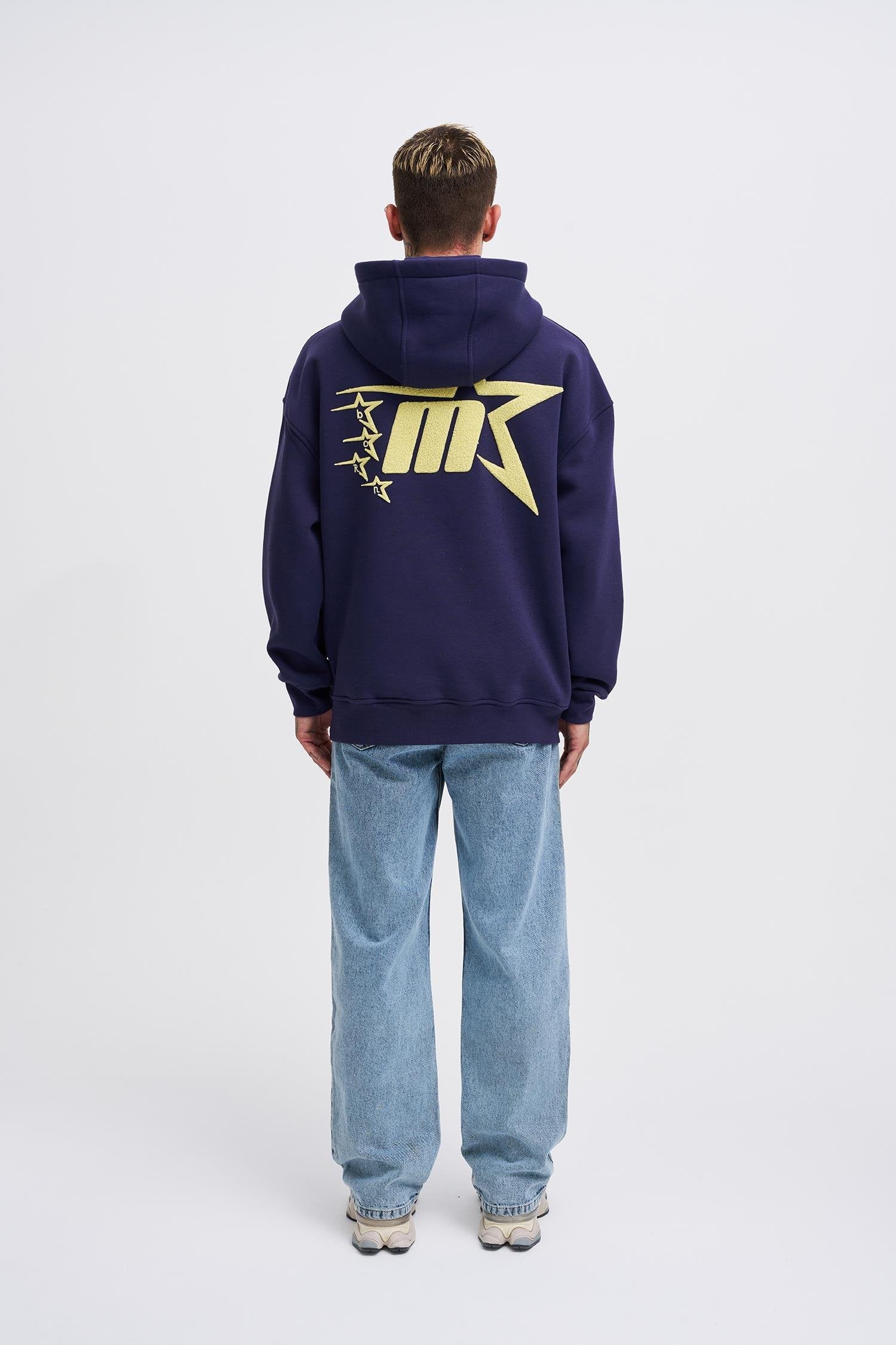 Erkek Oversize Stars Nakışlı Kapüşonlu Sweatshirt Gece Mavisi