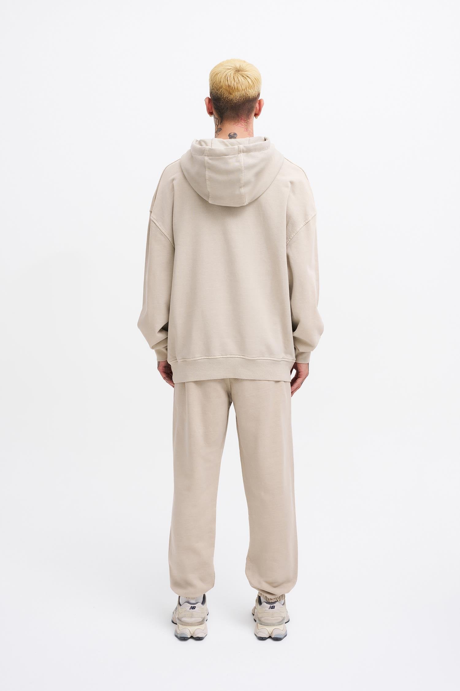 Erkek Yıkamalı Basic Kapüşonlu Oversize Sweatshirt Açık Bej