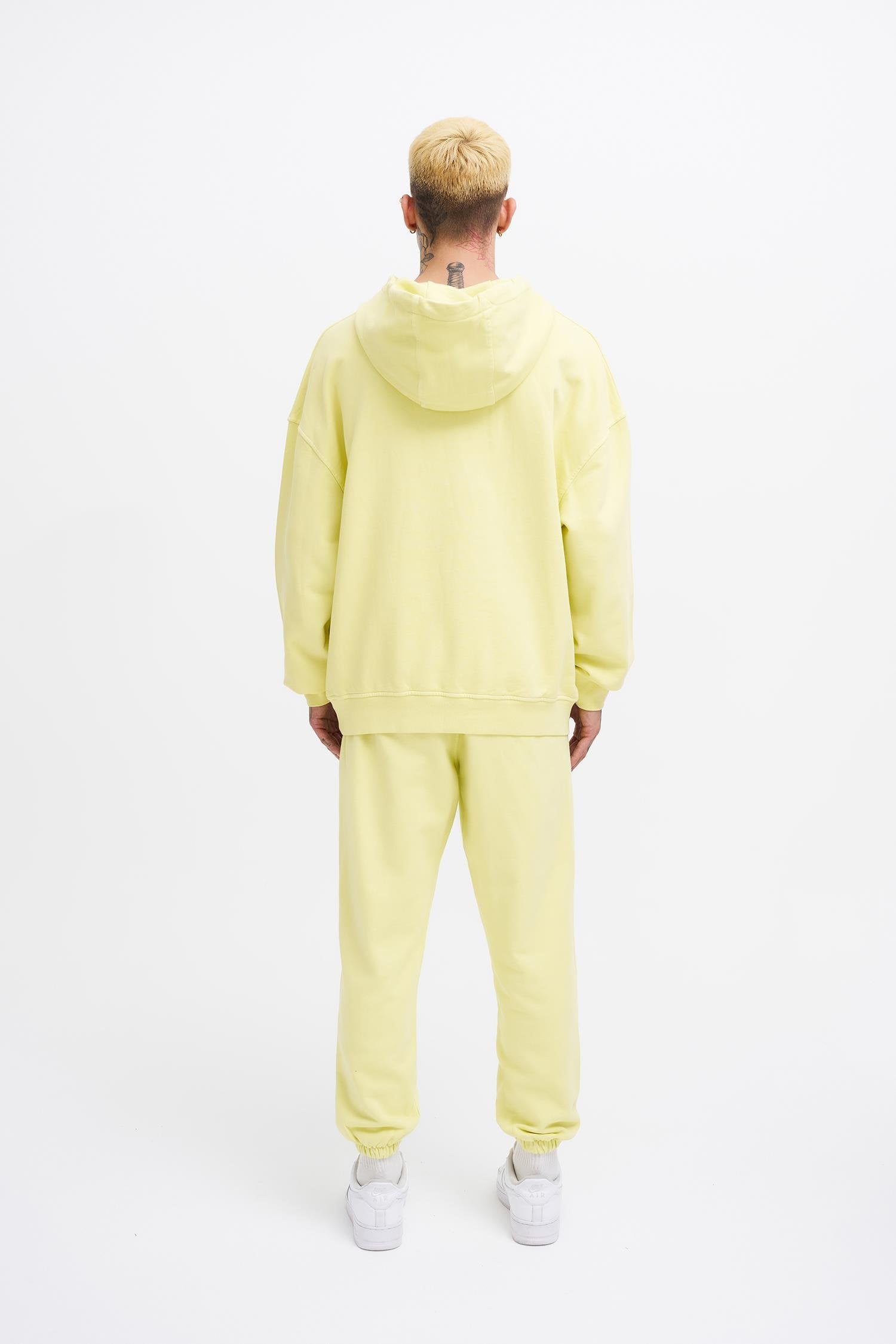 Erkek Yıkamalı Basic Kapüşonlu Oversize Sweatshirt Açık Sarı