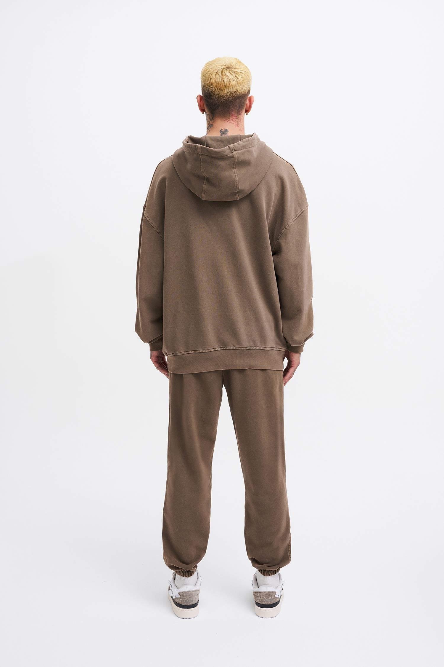 Erkek Yıkamalı Basic Kapüşonlu Oversize Sweatshirt Kahverengi